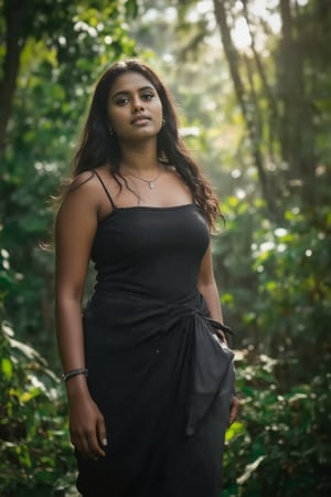 A cinematic shot of a beautiful woman standing near the Athirappilly waterfalls, wearing a modern, elegant bodycon dress. The scene captures perfect detail in her face, especially her expressive eyes and full lips, with precise, realistic shading on her skin. Sunlight filters through the trees, casting rays around her, while leaves drift gently from above. Emphasize the curves and shape of her body, with a focus on realistic lighting and high detail in her costume texture. Photorealistic, dynamic composition, dramatic sunlight.,long_black_hair  medium_brown_skin  almond_eyes,Bangali girl