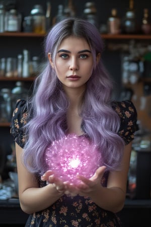 long wavy lavender haired beautiful witch with emerald green eyes and weaving a spell causing pink magical particles to appear iover her head between her hands. background in a witch alchemy lab.,Girl16yo

intricate background, realism,realistic,raw,analog,portrait,photorealistic, taken by Canon EOS,SIGMA Art Lens 35mm F1.4,ISO 200 Shutter Speed 2000,Vivid picture,