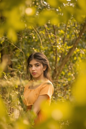 A stunning portrait of Kalyani Priyadarshan, framed by a warm golden light. She sits serenely in a lush greenery-filled setting, her long hair cascading down her back like a gentle waterfall. Her eyes sparkle with quiet confidence as she gazes softly into the distance.,Sahana15 