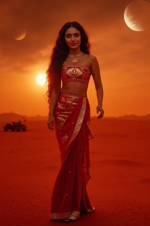 Mars Explorer in Traditional Attire
"A stunning Indian woman stands on the red, rocky surface of Mars, blending elements of her cultural heritage with futuristic technology. Mars rover near She wears a sleek saree, with glowing neon accents:1, customized to reflect traditional Indian motifs, such as intricate gold patterns and a sari-like drape over her shoulder. Her hair wave, mars effect, mars havy sand storm:1.4, revealing a radiant face with sharp, determined eyes. The harsh Martian environment contrasts with her beauty, while the backdrop features the dusty Martian landscape, distant planets, and a futuristic space colony on the horizon. The lighting is dramatic, with warm tones highlighting the red sands of Mars, creating a powerful, cinematic scene captured in ultra-realistic photography."

Details: face texture, perfect eyes, 5 finger on each hands, hair details, costume texture perfect, symmetry, Sharp background,