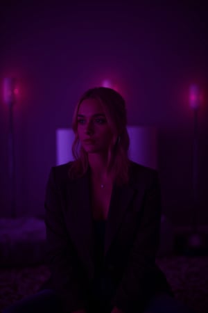 cinematic, A young woman with blonde hair sits in a dimly lit room, illuminated by soft purple and pink lighting. She gazes thoughtfully into the distance, with a bokeh of lights in the background, creating an intimate and contemplative atmosphere., film grain, Short telephoto focal length, shot on ALEXA 65