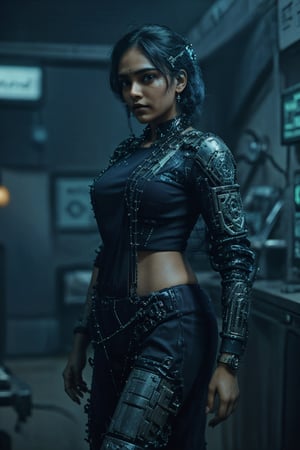 (Saree:1.1), (best quality, 4k, 8k, highres, masterpiece:1.2), ultra-detailed, physically-based rendering, professional, vivid colors, bokeh, cyborg girl, made only glass, neon cables, gears, transparent body, mechanical details, glowing eyes, reflective surface, subtle reflections, ethereal, luminous, metallic highlights, sci-fi, futuristic, neon lights, blue and purple color palette, dynamic lighting,Mallugirl,Mecha body,,CyberpunkWorld