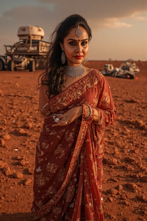 Mars Explorer in Traditional Attire
"A stunning Indian woman stands on the red, rocky surface of Mars, blending elements of her cultural heritage with futuristic technology. Mars rover near She wears a sleek saree, with glowing neon accents:1, customized to reflect traditional Indian motifs, such as intricate gold patterns and a sari-like drape over her shoulder. Her hair wave, mars effect, mars havy sand storm:1.4, revealing a radiant face with sharp, determined eyes. The harsh Martian environment contrasts with her beauty, while the backdrop features the dusty Martian landscape, distant planets, and a futuristic space colony on the horizon. The lighting is dramatic, with warm tones highlighting the red sands of Mars, creating a powerful, cinematic scene captured in ultra-realistic photography."

Details: face texture, perfect eyes, 5 finger on each hands, hair details, costume texture perfect, symmetry, Sharp background,