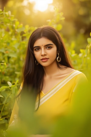 A stunning portrait of Kalyani Priyadarshan, framed by a warm golden light. She sits serenely in a lush greenery-filled setting, her long hair cascading down her back like a gentle waterfall. Her eyes sparkle with quiet confidence as she gazes softly into the distance.,Sahana15,Kalyani priyadarsh