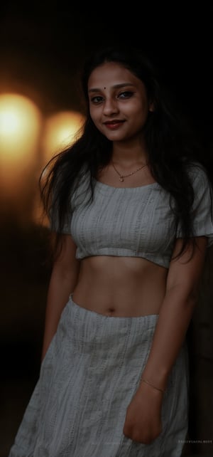 1girl, solo, long hair, looking at viewer, smile, black hair, dress, jewelry, standing, necklace, blurry, Red dress, bracelet, realistic, 25 years old, dark skin , dim light, drak atmosphere, low light , Midriff 