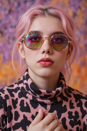 A vibrant, close-up portrait of a young woman with pink hair, wearing oversized, colorful sunglasses, and patterned turtleneck, abstract, textured background | pop art style, bold colors, detailed, highly stylized | photorealistic | studio lighting
,cinematic , film grain, Short telephoto focal length, shot on ALEXA 65