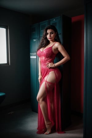 Cyberpunk, Neon glow, excited,(full body,standing,hand on hip)edgwrench, a woman in a pink dress, seducing beauty, 
Busty, wearing edgwrench,embroidery,ribbons, curvy women, masterpiece, high resolution, pavada , long gown , best quality, 4k,  plump face, 38 years old plump women:2, thick body, , solo, beauty photo, amateur photo, skin texture:1, women , eye level, , and hoop earrings, Teal-colored Flat ironed straight, stand pose in locker room,lighting,photorealistic,redneonstyle, ,CyberpunkWorld,37 year old woman ,p1nk_futur3