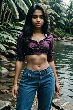 1girl, Kerala beautiful women 18 years old, solo, long hair, brown hair, shirt, t  shaped navel, outdoors, midriff, pants, sandals, denim, jeans,  photo background,Tamil girl