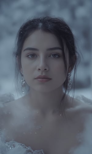 Against a snowy backdrop, princes poses regally, her porcelain skin glowing with an ethereal light. Shot from directly above, the Arri Alexa captures every detail of her frozen finery - delicate lace and gemstones glisten in the soft, cinematic lighting. Enhanced for maximum realism, this image is fit for a true ice prinses 