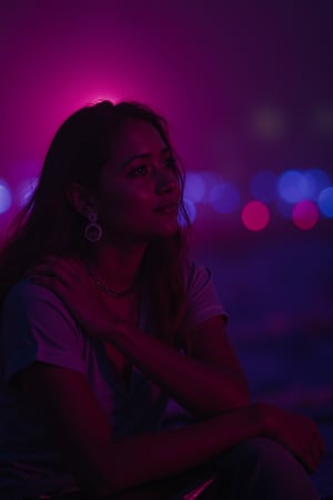 cinematic, A young woman with blonde hair sits in a dimly lit room, illuminated by soft purple and pink lighting. She gazes thoughtfully into the distance, with a bokeh of lights in the background, creating an intimate and contemplative atmosphere., film grain, Short telephoto focal length, shot on ALEXA 65,30yo