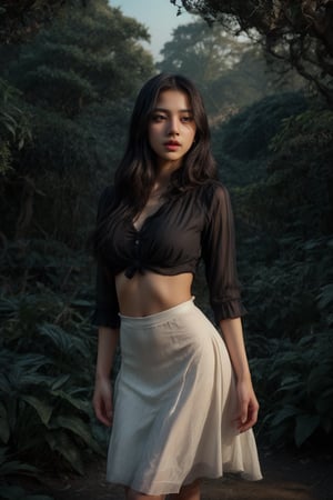  In dark night glowing butterfly, In this stunning 8K photo, red long skirt, gown, long designer yellow blouse, midriff exposed, a serene foggy garden sets the stage for a mesmerizing portrait of a 17-year-old Indian women. Beautiful face,  attractive Big eye, Her flawless complexion glows softly under the misty atmosphere's subtle lighting, highlighting her striking features: large eyes and proper breasts. The lush green grass and vibrant black roses surrounding her create a picturesque backdrop, accentuating her natural beauty. Red, ultra realistic photography, She poses elegantly in a gorgeous long-pavada skirt in soft,17 old girl,dusky ,Muscular beautiful girl ,Darkness Forest,Magic Forest