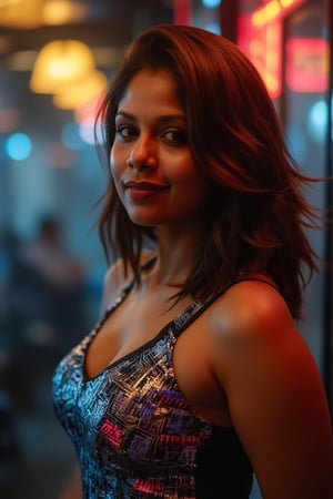 A woman posing confidently, radiant in a metallic dress with digital patterns and neon accents, against a blurred backdrop of vintage circuitry and neon lights. Soft, warm lighting highlights her features,  reflecting a digital glow. Her stylish gaze is set off by the retro-futuristic atmosphere, as if stepping out of a 1980s time capsule.,NeemoFairy,Liminal Space,Ambience Steampunk,Mallu beauty 