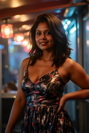 A woman posing confidently, radiant in a metallic dress with digital patterns and neon accents, against a blurred backdrop of vintage circuitry and neon lights. Soft, warm lighting highlights her features,  reflecting a digital glow. Her stylish gaze is set off by the retro-futuristic atmosphere, as if stepping out of a 1980s time capsule.,NeemoFairy,Liminal Space,Ambience Steampunk,Mallu beauty 