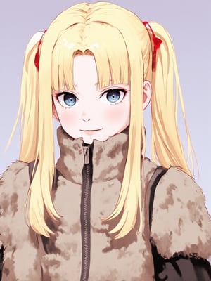 1girl, solo, long hair, looking at viewer, smile, blue eyes, blonde hair, hair between eyes, twintails, fur trim, facial mark, genderswap, genderswap \(mtf\), zipper, whisker markings, uzumaki naruto,Naruto,Naruto clothes 