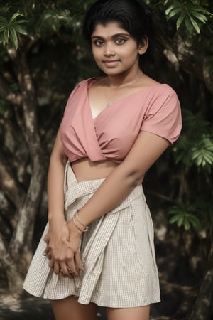 Dark skined , A woman walking with long brown hair tied in a sleek ponytail:1, brown eyes gazes directly at the viewer from the edge of a lush green plant-filled backdrop. She wears a shirt with short sleeves, a pink skirt that falls just above her knees:1, and black footwear. A delicate silver necklace and matching bracelet adorn her wrist, accompanied by a sparkling ring on her left hand. Her dark skin glows with a subtle tan:1, adding depth to her natural beauty as she stands confidently in the frame:1.4, her smile radiant and inviting.,Mallu, standing, 