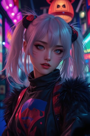 1girl, solo, long hair, looking at viewer, smile, blue eyes, blonde hair, hair between eyes, twintails, fur trim, 3 line facial mark on cheeks, genderswap, genderswap \(mtf\), zipper, whisker markings, uzumaki naruto

The atmosphere is fun and inviting, featuring colors like black, blue, dark blue, dark purple, gray, light green, purple, and orange. Neon lights in pink, blue, and green illuminate the space, creating a bokeh and Depth of Fieldeffect. The focus is on the girl from the torso to the head, captured in a cinematic style with a Sony A7R IV full-frame camera