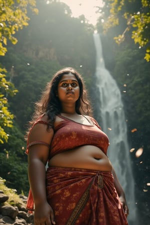 A stunning Big navel woman standing near Athirappilly waterfalls, cinematic shot, ultra-realistic details, midriff exposed, Deep navel, sunlight illuminating her face, light rays filtering through the trees, lush greenery around, falling leaves gently drifting from the trees, mist from the waterfall adding a dreamy effect, dramatic depth of field, 8K resolution.,Fantasy Regal Artgem,XChrisx