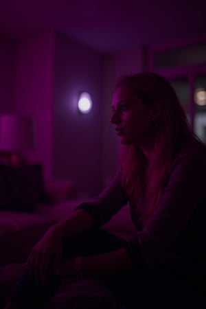 cinematic, A young woman with blonde hair sits in a dimly lit room, illuminated by soft purple and pink lighting. She gazes thoughtfully into the distance, with a bokeh of lights in the background, creating an intimate and contemplative atmosphere., film grain, Short telephoto focal length, shot on ALEXA 65,30yo