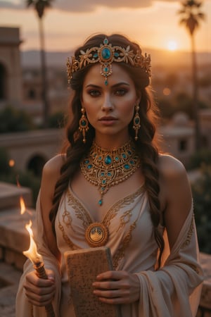 Real photography, cinematic, A beautiful priestess of ancient Mesopotamia looking at the viewer, adorned in a flowing linen gown with intricate gold and lapis lazuli jewelry, stands before ancient mesopotamian buildings at dusk. Her long, dark hair is braided with golden threads, and she holds a clay tablet inscribed with cuneiform symbols.  Torches flicker in the warm desert breeze. The sky glows with the setting sun, casting a deep orange hue over the landscape and illuminating the fertile crescent below. Palm trees sway in the distance
