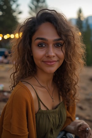 Generate an image of a stunning 18-year-old petite teenager, young, youth, child, kid, blending Black and Spanish heritage. She has fluffy curly golden brown hair, Type 4 hair, lush and vibrant, falling in loose waves down her back.

Setting:
- Outdoor: A serene mountain campsite at dusk, mountain view
- Soft, warm lighting with subtle shadows and twinkling string lights
- Tall trees surrounding a cozy clearing, with a crackling campfire and rustic wooden benches
- Camping gear and equipment subtly integrated into the scene

Physical Description:
- Fair skin with a subtle, sun-kissed glow
- Bright, expressive hazel eyes
- olive, dark Italian skin

Outfit:
- Comfortable, green earth-toned camping shirt (flannel or fleece)
- Practical hiking pants or leggings
- Warm, cozy cardigan 
- Sturdy hiking boots

Style:
-Effortless, coastal chic
- Confident, carefree, innocent pose

Mood:
- Serene, joyful, and radiant
- Capturing the essence of a relaxed summer afternoon
Inspired by singer Tyla's vibrant energy and style, create a breathtaking image that embodies beauty, elegance, and a laid-back coastal vibe.