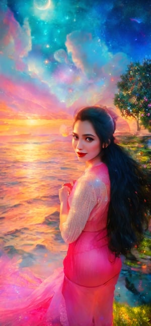 best quality, 4k, high resolution, masterpiece: 1.2, ultra detailed, realistic: 1.37, portrait of sexy girl (wandering), determined face, red lips, beautiful detailed eyes, black hair braided to the side, sexy black clothes, red moon on background, portrait, emerging from the darkness, vibrant colors, lush garden, soft sunlight, whimsical atmosphere, blooming wildflowers, delicate lace details, sexy flowing dress, gentle breeze, mystical aura, ethereal beauty, happy expression, attitude safe, starry night sky, moonlight illuminating the scene, enchanted landscape, peaceful tranquility, majestic and majestic, serene and mysterious, magic and fantasy, seductive and captivating, unforgettable charm, noteworthy and exceptional, inspiring and evocative, unique masterpiece in its kind, dynamic and realistic, subtle and nuanced, immaculate attention to detail, unrivaled craftsmanship, perfect fusion of elements, impressive skill and technique, meticulous and precise, storytelling through art, visual poetry that stimulates the imagination,1girl,Couples,1 girl