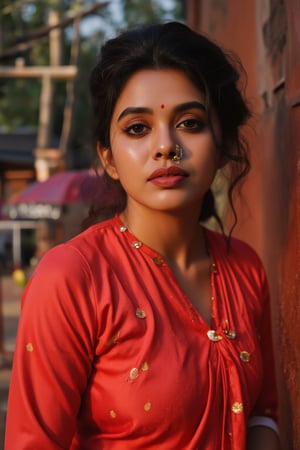 Raw photo of (18yo Kerala Beautiful young woman:1.1, (best quality, highres, ultra-detailed:1.2), This breathtaking photograph, shot on a Canon 1DX with a 50 mm f/2.8 lens, beautifully showcases the raw and authentic beauty of life. high resolution 8k image quality, vibrant colors, glowing dimond, glowing eyes, realistic Raw photo, realistic lighting, traditional Red saree,  exotic beauty, mesmerizing eyes, girl ,Thrissur,Mallu,Saree