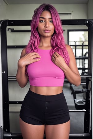 skistyle, 1girl, beautiful, solo, cute look, heavy cat eye makeup, (pink hair), button nose,  (Very dark and long eyelashes), innocent (egirl makeup) (hair in two buns) (unique facial features)

Wearing gym shorts, with a crop top,Brown tone Beauty