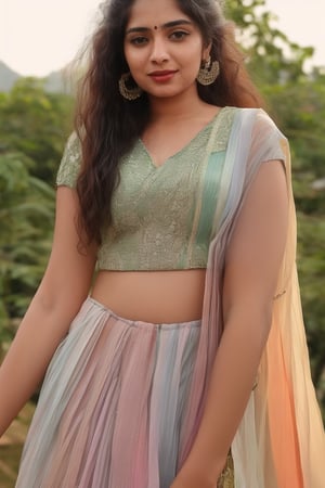 Generate hyper realistic image of a curvy playful curly hair wearing lehnga choli,in village, a sun-kissed complexion, and dressed in a boho floral maxi dress with fringe accessories. She teasingly poses with coffee in a sunlit and colorful garden.. up close,photorealistic,Realism, messy hair, only face,1girl