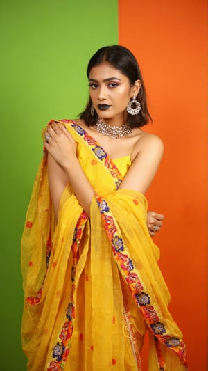 a woman dressed in a traditional Indian outfit stands in front of a vibrant orange backdrop. The woman's outfit is adorned with a yellow blouse, adorned with blue, red, and orange accents. She is wearing a pair of silver earrings, and a ring on her finger. Her hair is styled in a sleek bob, and her eyes are focused on the camera. She has a serious expression on her face, and she is wearing black lipstick. Her left hand is draped over her right shoulder, adding a touch of contrast to her outfit. The backdrop is a combination of green and orange, creating a striking contrast to the woman's body.