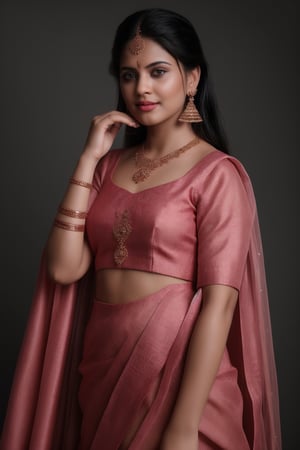 A beautiful Indian 26yo  girl wearing a traditional saree, draped in a style that reveals navel. Turtle neck blouse:2, The saree is richly colored and adorned with intricate patterns and embroidery, with a matching blouse (choli) that has short sleeves and a deep neckline. The pallu of the saree is gracefully  over her shoulder cover with blouse, , falling softly to one side, while her navel is tastefully visible where the saree is wrapped around her waist. She is adorned with traditional jewelry, including a maang tikka, jhumka earrings, a nose ring, bangles, and anklets. Her skin has a warm tone, and her long, dark hair is styled either in a loose braid or cascading waves. The setting is softly lit, focusing on her elegant pose and the cultural richness of her attire, with warm, natural lighting that enhances the details of the fabric and her jewelry.

cinematic angle, (cinematic shadows, bokeh, depth of field:1.3) , (High detail RAW Photo), (extremely detailed skin, photorealistic, heavy shadow, dramatic and cinematic lighting, key light, fill light), sharp focus, cinematic, imperfect skin, fabrics, textures, detailed face, detailed skin, detailed fingers, NaturalHand2-3500, analog film photo Deep photo,depth of field,ferrania p30 film,shadows, perfect face and body, dimly lit, nervous, harsh camera flash, faded film, desaturated, 35mm photo, grainy, Kodachrome, Lomography, stained, highly detailed, found footage,, (black hair, covered cleavage, 
A flapper girl stands poised in a smokey atmosphere, bathed in ethereal light that accentuates her stunning features. Her fair skin glows under cinematic lighting, as she gazes directly into the camera with perfect eyes and a beautiful nose. Her Drill Spring-inspired hairstyle is perfectly coiffed, framing her face, background intricate details and complex patterns that seem to leap off the screen in hyper-maximalist fashion.  with detailed decoration and lines that exude opulence. In stunning HDR and UHD, this unreal engine creation pops with gorgeous light and shadow., matrix,poakl, 5 fingers on each hands,better_hands