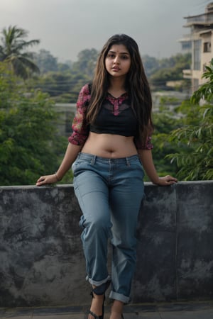 1girl, Kerala beautiful women 18 years old, solo, long hair, brown hair, shirt, t  shaped navel, outdoors, pants, sandals, denim, jeans,  photo background,Tamil girl