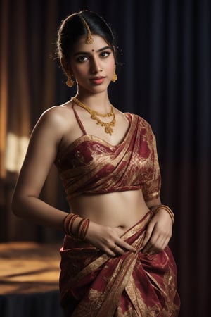 A beautiful Indian woman wearing a traditional saree, draped in a style that reveals her midriff and navel. The saree is richly colored and adorned with intricate patterns and embroidery, with a matching blouse (choli) that has short sleeves and a deep neckline. The pallu of the saree is gracefully draped over her shoulder, falling softly to one side, while her navel is tastefully visible where the saree is wrapped around her waist. She is adorned with traditional jewelry, including a maang tikka, jhumka earrings, a nose ring, bangles, and anklets. Her skin has a warm tone, and her long, dark hair is styled either in a loose braid or cascading waves. The setting is softly lit, focusing on her elegant pose and the cultural richness of her attire, with warm, natural lighting that enhances the details of the fabric and her jewelry.

cinematic angle, (cinematic shadows, bokeh, depth of field:1.3) , (High detail RAW Photo), (extremely detailed skin, photorealistic, heavy shadow, dramatic and cinematic lighting, key light, fill light), sharp focus, cinematic, imperfect skin, fabrics, textures, detailed face, detailed skin, detailed fingers, NaturalHand2-3500, analog film photo Deep photo,depth of field,ferrania p30 film,shadows, perfect face and body, dimly lit, nervous, harsh camera flash, faded film, desaturated, 35mm photo, grainy, Kodachrome, Lomography, stained, highly detailed, found footage,, (black hair,
A flapper girl stands poised in a smokey atmosphere, bathed in ethereal light that accentuates her stunning features. Her fair skin glows under cinematic lighting, as she gazes directly into the camera with perfect eyes and a beautiful nose. Her Drill Spring-inspired hairstyle is perfectly coiffed, framing her face, background intricate details and complex patterns that seem to leap off the screen in hyper-maximalist fashion.  with detailed decoration and lines that exude opulence. In stunning HDR and UHD, this unreal engine creation pops with gorgeous light and shadow., matrix,poakl