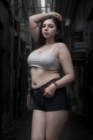 Bra:2, t shirt, Tanktop, plump, Cyberpunk, Neon glow, curvy women:2, milf ,  bubbly, masterpiece, high resolution,  long gown, best quality, 4k, plump face, 38 years old , panty house , strap on, women, shorts,  hot pants, thick_hip, solo, beauty photo, amateur photo, skin texture:2, 1girl, eye level, and hoop earrings, red_teal_orange-colored busty ironed straight, stand, room,lighting,photorealistic ,CyberpunkWorld, 27 year old,Plump chubby