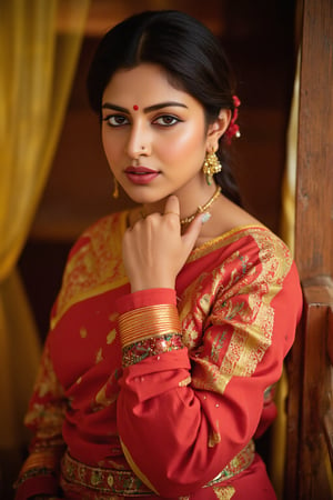 Raw photo of (18yo Kerala Beautiful young woman:1.1, (best quality, highres, ultra-detailed:1.2), This breathtaking photograph, shot on a Canon 1DX with a 50 mm f/2.8 lens, beautifully showcases the raw and authentic beauty of life. high resolution 8k image quality, vibrant colors, glowing dimond, glowing eyes, realistic Raw photo, realistic lighting, traditional Red saree,  exotic beauty, mesmerizing eyes, girl ,Thrissur,Mallu,Saree,35mm photo