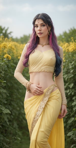 Saree, 1girl, solo, yellow saree, long hair:2, pink hair, multiple colours hair, blue hair, Red hair, long sleeves, dress, jewelry, earrings, garden, flower, outdoor, 👠 , shoes:2, realistic, This breathtaking photograph, shot on a Canon 1DX with a 50 mm f/2.8 lens, beautifully showcases the raw and authentic beauty of life. high resolution 8k image quality, saree ,sari,CyberpunkWorld,Indian