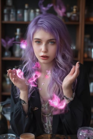 long wavy lavender haired beautiful witch with emerald green eyes and weaving a spell causing pink magical particles to appear iover her head between her hands. background in a witch alchemy lab.,Girl16yo