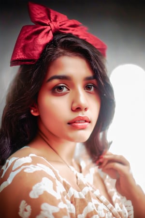 a young woman,looking at the camera, posing,streaming on twitch, character album cover,red moment,style of bokeh,daily wear,moody lighting,appropriate comparison of cold and warm, hair over one eye, bow on head,