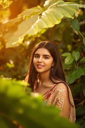 A stunning portrait of Kalyani Priyadarshan, framed by a warm golden light. She sits serenely in a lush greenery-filled setting, her long hair cascading down her back like a gentle waterfall. Her eyes sparkle with quiet confidence as she gazes softly into the distance.,Sahana15,Kalyani priyadarsh