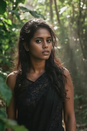 A cinematic shot of a beautiful woman standing near the Athirappilly waterfalls, wearing a modern, elegant bodycon dress. The scene captures perfect detail in her face, especially her expressive eyes and full lips, with precise, realistic shading on her skin. Sunlight filters through the trees, casting rays around her, while leaves drift gently from above. Emphasize the curves and shape of her body, with a focus on realistic lighting and high detail in her costume texture. Photorealistic, dynamic composition, dramatic sunlight.,long_black_hair  medium_brown_skin  almond_eyes,Bangali girl