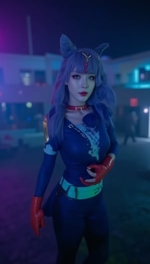 a woman dressed in a blue and white costume, adorned with a white belt and red gloves. The woman's head is adorned with two large ears, a red tassel, and a gold ring. Her eyes are a piercing blue, and her hair is a light gray. The background is blurred, with a building in the distance.

A cinematic action scene shot of a cyberpunk woman standing  surrounded by a dimly lit atmosphere with neon hues. Black, dark blue, and gray tones dominate the scene, punctuated by pops of light green, purple, and orange. Her skin glistens with subtle detail and enhancement. The Sony A7R IV camera captures the scene in cinematic style, emphasizing depth and bokeh effects from the pink, blue, and green neon lights.,Futuristic cosplay 