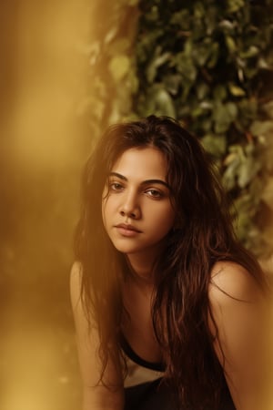 A stunning portrait of madona Sebastian framed by a warm golden light. She sits serenely in a lush greenery-filled setting, her long hair cascading down her back like a gentle waterfall. Her eyes sparkle with quiet confidence as she gazes softly into the distance.madona Sebastian 