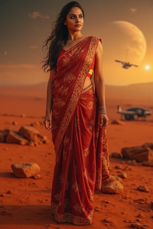 Mars Explorer in Traditional Attire
"A stunning Indian woman stands on the red, rocky surface of Mars, blending elements of her cultural heritage with futuristic technology. Mars rover near She wears a sleek saree, with glowing neon accents:1, customized to reflect traditional Indian motifs, such as intricate gold patterns and a sari-like drape over her shoulder. Her hair wave, mars effect, mars havy sand storm:1.4, revealing a radiant face with sharp, determined eyes. The harsh Martian environment contrasts with her beauty, while the backdrop features the dusty Martian landscape, distant planets, and a futuristic space colony on the horizon. The lighting is dramatic, with warm tones highlighting the red sands of Mars, creating a powerful, cinematic scene captured in ultra-realistic photography."

Details: face texture, perfect eyes, 5 finger on each hands, hair details, costume texture perfect, symmetry, Sharp background,