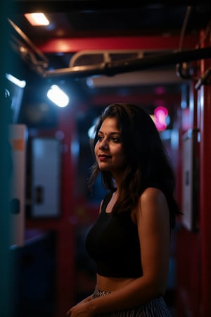 A beautiful mallu women, teal and Red colour lighting in background, futuristic subway, pipeline , wires, light indicators, intricate background, realism,realistic,raw,analog,portrait,photorealistic, taken by Canon EOS,SIGMA Art Lens 35mm F1.4,ISO 200 Shutter Speed 2000,Vivid picture,Mallu beauty, The atmosphere is fun and inviting, featuring colors like black, blue, dark blue, dark purple, gray, light green, purple, and orange. Neon lights in pink, blue, and green illuminate the space, creating a bokeh and Depth of Fieldeffect. The focus is on the girl from the torso to the head, captured in a cinematic style with a Sony A7R IV full-frame camera,Mallu beauty,futuristicportrait,Realistic,Mallu beauty 