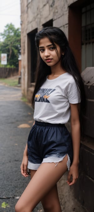 1girl, solo, long hair, black hair, twintails, jewelry, earrings, lips, realistic, beautiful mallu girl, 16 years old girl, outside, beautiful girl walking on the street , twintail hairstyle, tshirt, short-shorts