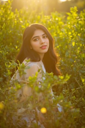 A stunning portrait of Kalyani Priyadarshan, framed by a warm golden light. She sits serenely in a lush greenery-filled setting, her long hair cascading down her back like a gentle waterfall. Her eyes sparkle with quiet confidence as she gazes softly into the distance.