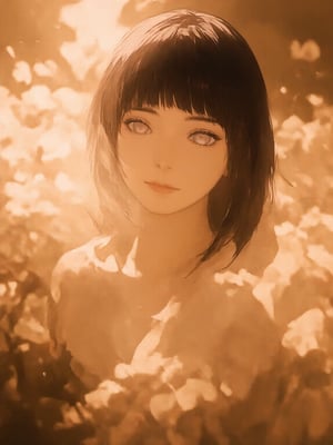 Huyuga hinata, A sultry hubggirl materializes from a dreamy mist, illuminated by the soft, warm tone of Kodak film. Cinematic lighting accentuates her porcelain complexion, casting dramatic shadows that highlight the contours of her face and mid-body pose. The surreal setting, replete with intricate details, draws the viewer's gaze to her piercing stare, evoking a photorealistic masterpiece reminiscent of hubggirl's iconic works, capturing the essence of a sultry, sexy girl.,Hinata,shy,naruto,hinata_naruto,anime,flux,cute,gentle,brave