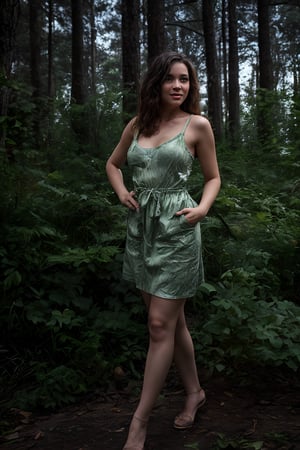 A woman emerges from the verdant underbrush, her curves accentuated by the loose-fitting clothing that seems out of place among the forest's somber tones. Confidently posed with a subtle smile, she commands attention amidst the leafy backdrop, where dappled sunlight filters through the canopy above. The composition balances natural beauty and human presence, inviting the viewer to step into her alluring world.