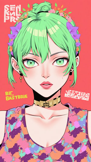 anime,BREAK, Vibrant pastel colors,navel, limited_palette, restricted_palette, 1girl, smug, piercing neon eyes, Neon, magazine_cover, bright lime green hair, flat red background, head_tilt, heterochromia,xamala, amala Paul 