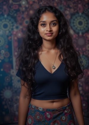 Capture a masterpiece of photography featuring a stunning girl with long, curly black hair (1.1) and intricate details in her school uniform, complete with a miniskirt and random colors. The scene is set in front of a striking fractal pattern (abstract) that creates a sense of depth and dimensionality. Professional HDR lighting (8k UHD RAW photo) casts a cinematic glow, accentuating the subject's features while also capturing the subtle play of iridescent lighting on her skin. Jewelry (1.4) adorns her neck, drawing attention to her radiant smile as she faces the viewer directly. The image is rendered in breathtaking detail, with every curl of hair and fold of fabric meticulously captured. Apply a realistic LUT for a true-to-life representation.,SH,Yakshi28 