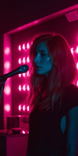 cinematic, A woman stands in front of a microphone under soft, warm lighting, with a reflective backdrop of pink lights behind her. Her expression is calm and introspective, creating a quiet and intimate atmosphere, as if she’s performing or about to speak, film grain, Short telephoto focal length, shot on ALEXA 65